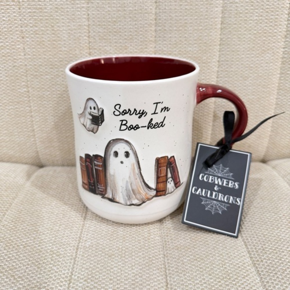 NEW Cobwebs & Cauldrons Coffee Mug Sorry I'm Boo-ked Ghost Halloween Spooky Mug